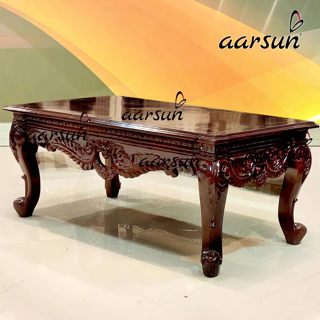 Carved Teapoy Center Table In Teak Wood