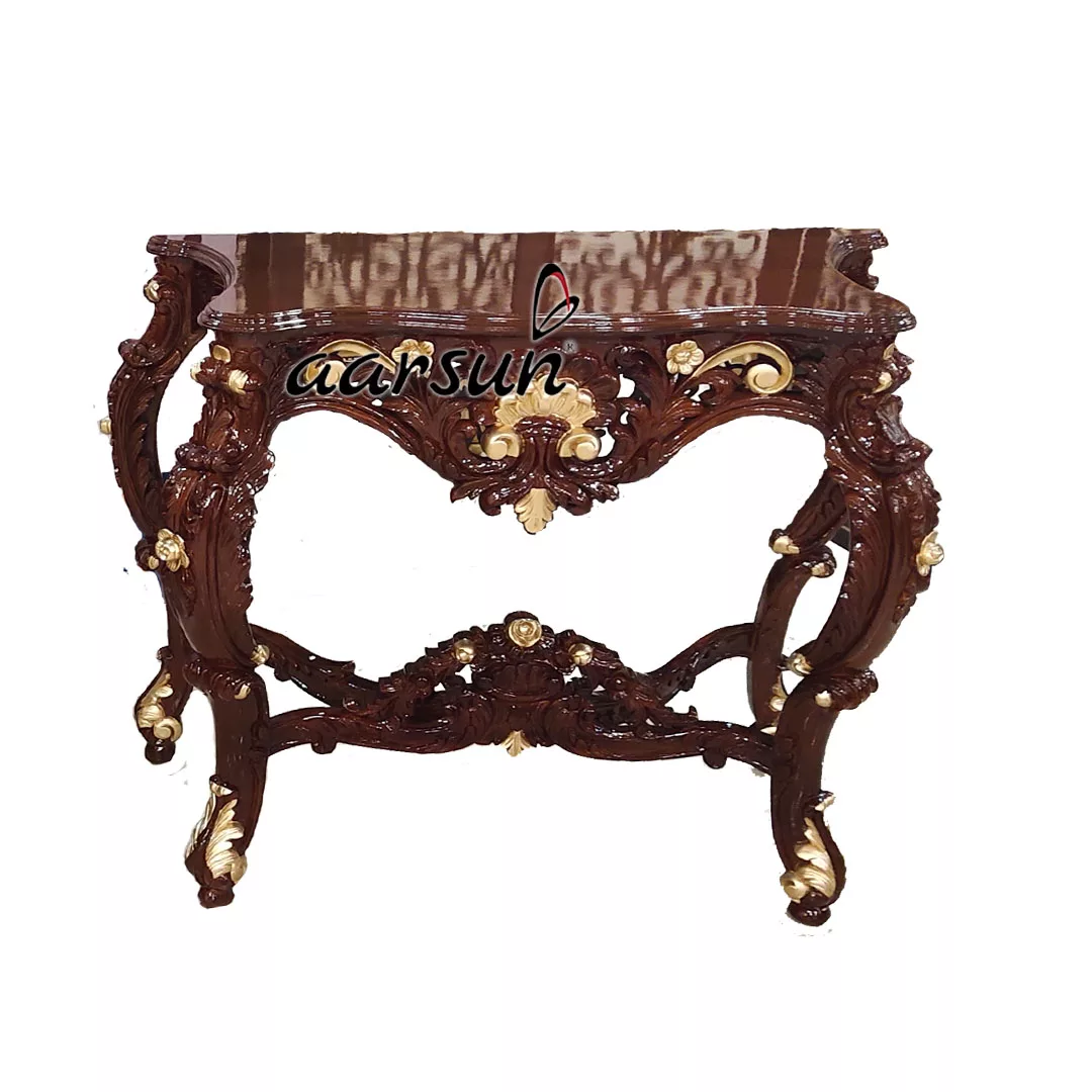 Hand Carved Solid Wood Console – Golden Highlights