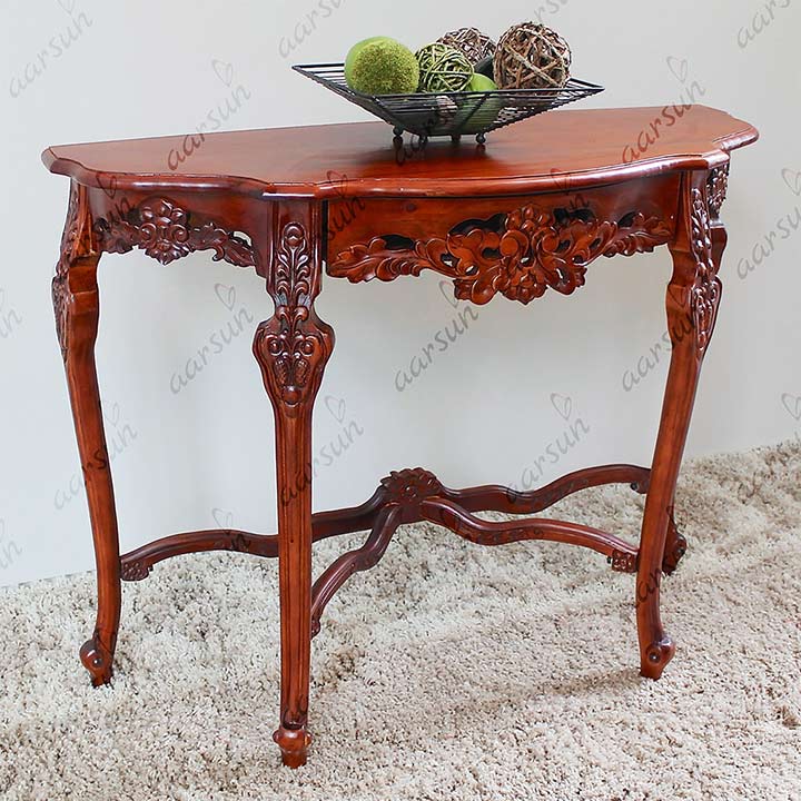 Hand-carved Floral Wood Console In Teak