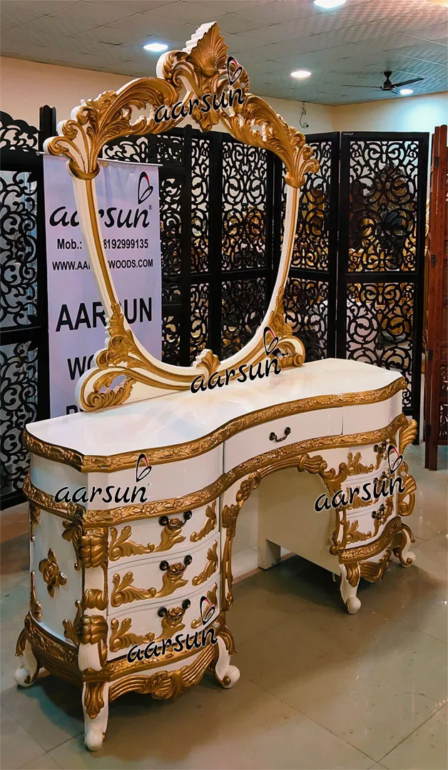 White & Gold Dressing table with Cushioned Stool view 4