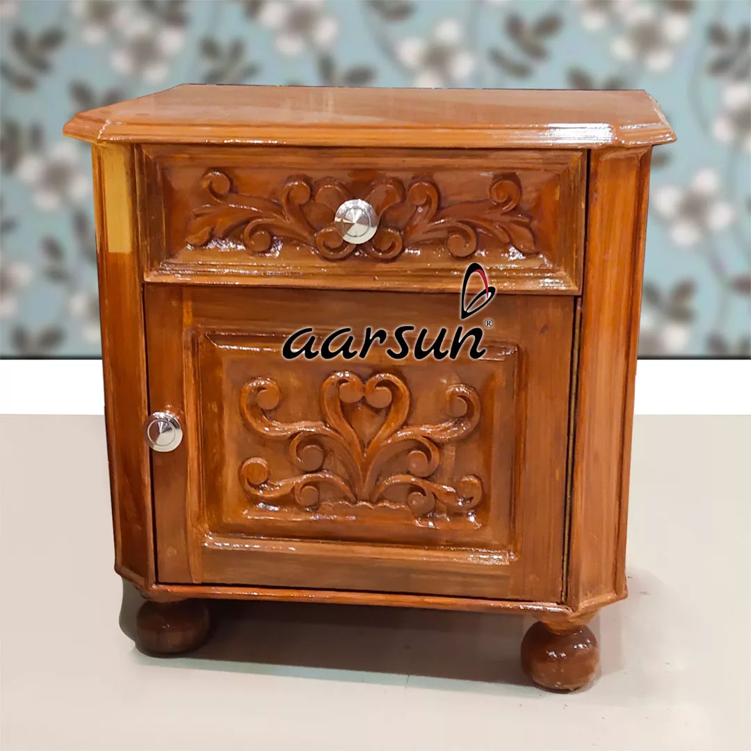 Wooden Nightstand With Teak Wood Finish